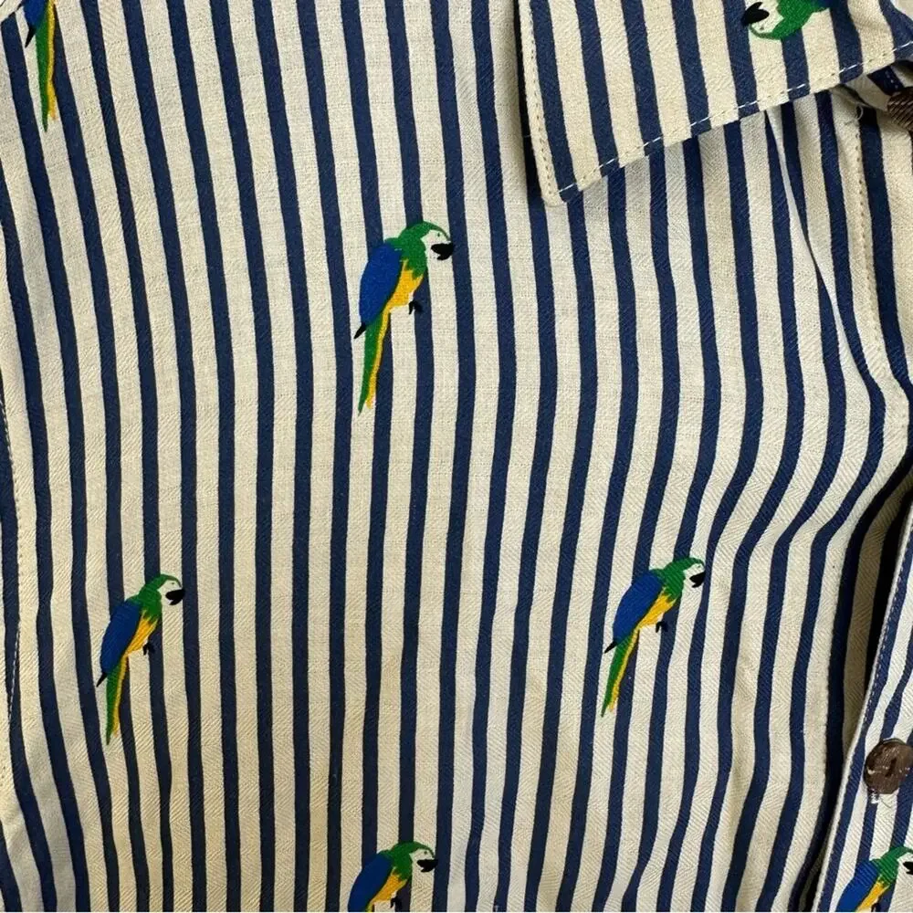 Boca Classics Silk Shirt Beige Blue Striped Parrot Vacation‎ Novelty Tropical L